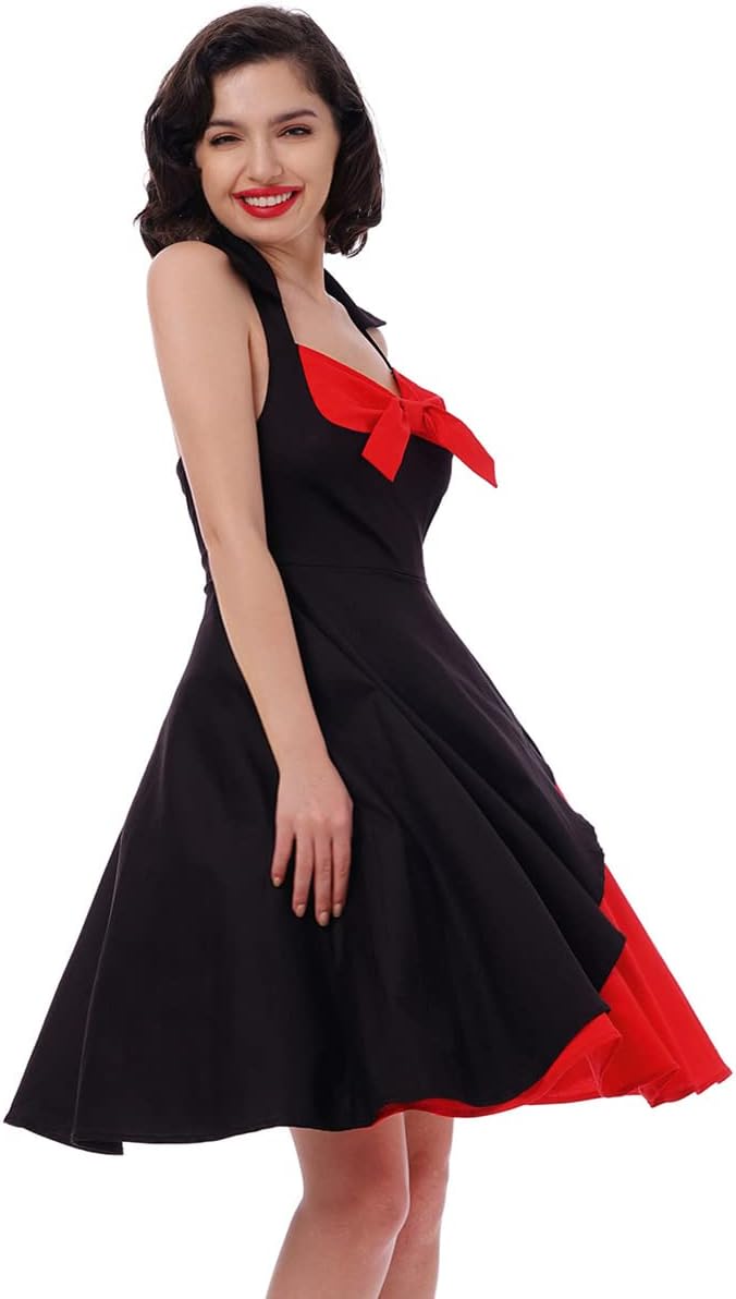 1950s Dresses for Women Vintage Halter Polka Dot Floral Print Swing A Line Midi Dress Cocktail Party Prom Gown - Image 2