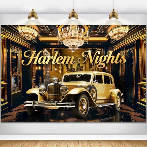 HANSHUAI Harlem Nights Backdrop 1920s Vintage Car Photography Background Roaring 1920's Banner Black Gold Vintage Music Themed Speakeasy Decor Banner Portrait Photo Booth Studio Props 7x5ft FU019YL
