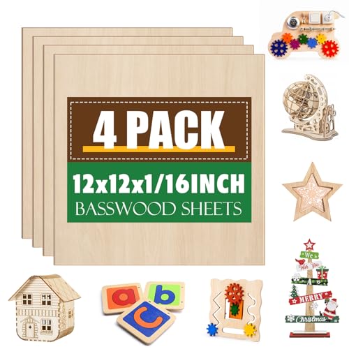 4 Pack Basswood Sheets 1/16x12x12 Inch 1/16 Basswood for Laser Cutting & Engraving Thin Wooden Sheets Unfinished Wood for Crafts Plywood Sheets for Models Making Wood Burning and Painting.