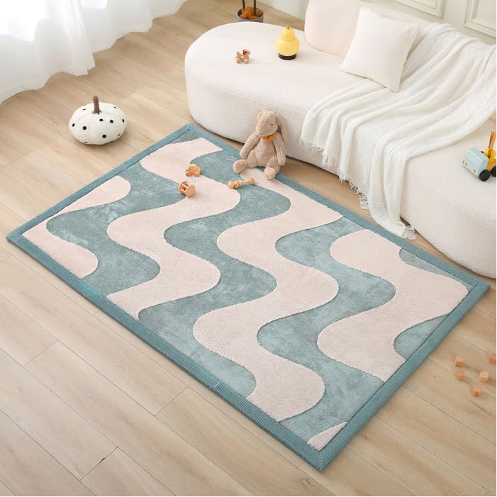 Image of Hakuna Matte CloudRise Baby Play Mat for Floor 80 inch x 110 inch Waves | Coral Velvet high-density foam Rug for Crawling & Cozy Play - Non-Slip, Water-Resistant, Easy-Care Tummy Time Mat