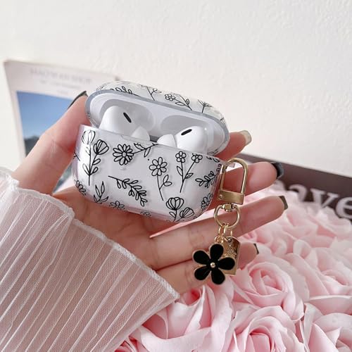 Image of MINSCOSE Compatible with AirPods Pro 2 Clear Case,Cute Flower Floral Aesthetic Design with Flowers Keychain, Soft TPU Protective Shockproof Case for Women Girl for Airpod Pro 2-Black