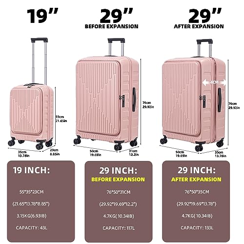 Image of Kaleenie 2 Pieces 19 /29 Luggage Sets, 19 Inch Carry On Luggage with Front Pocket & 29 Inch Side Opening Suitcase, Ligthweight ABS+PC Hardshell, Pink