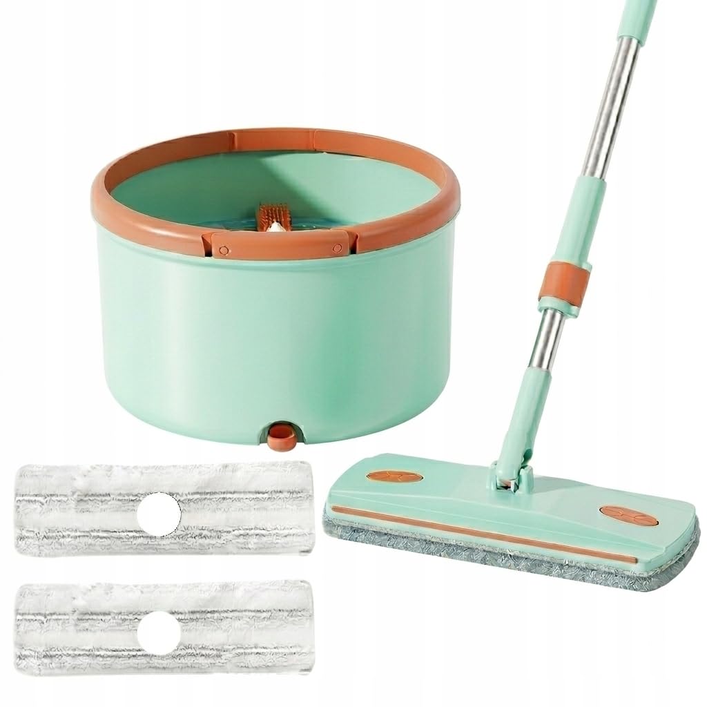 Mopa Plana Giratoria con Cubo de Doble Compartimento 3,8 L – Sistema de Agua Limpia y Sucia, Escurridor Integrado, 2 Mopas de Microfibra, para Parquet y Azulejos, Verde