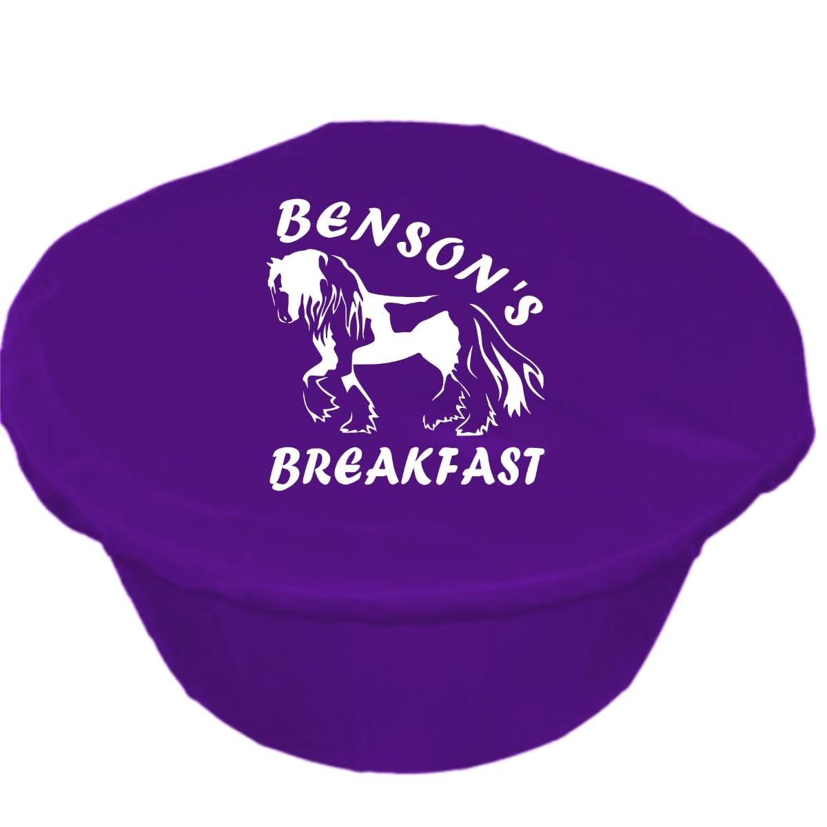 Personalised Horse Design Feed Bucket Cover, Multiple Colours Available, Morning and Teatime Feed Design or Custom Text, Gypsy Cob (White Vinyl, Purple)