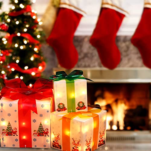 Christmas Decorations Lighted Gift Boxes, Set of 3 Gift Boxes (Large, Medium, Small) with 50 Mini Lights for Indoor Outdoor Christmas Tree Home Party Decor (Cartoon Theme)