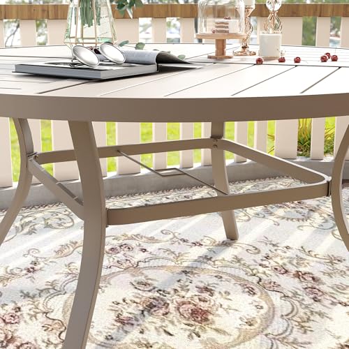 Image of VICLLAX 63 inch Outdoor Round Patio Table with Umbrella Hole, All Weather Metal Round Outdoor Dining Table for Lawn Garden, 8-10 Person Table, Sandshell