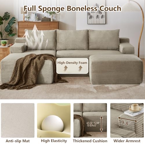 Image of 96 inch U-Shape Cloud Couch, Modern Modular Sectional L-Shape Sofa with Ottoman, Corduroy Upholstered Couches Deep Seat Sleeper Chaise Longue for Living Room, No Assembly Required(Camel, Left Facing)