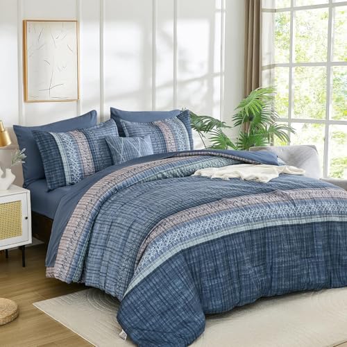 Image of Dintszyayue Blue Comforter Set Cal King Size, 8 Pieces Boho Striped Bed in a Bag Soft Microfiber Bedding Set for All Season