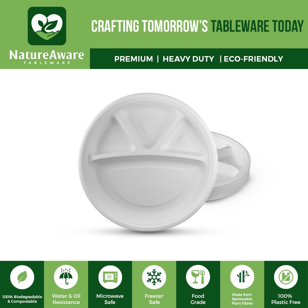 Platos redondos de papel blanco de alta calidad de 11 pulgadas con 4 compartimentos [paquete de 50] -100% compostables y ecológicos, desechables, resistentes, sin PFAS, hechos de bagazo de