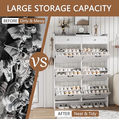 Image of Shoe Cabinet with 6 Flip Drawers & 2 Top Drawers, 57 inch Tall Freestanding Narrow Wooden Shoe Storage Organizer for Entryway, Hidden Slim Shoe Rack for Front Door Entrance, Hallway, Living Room, White