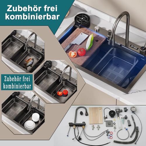 Duży zlew kuchenny ze stali nierdzewnej z deską do krojenia, zestawem odpływowym i przelewowym 80 x 50 cm - Przestronna wanna ułatwiająca przygotowanie i czyszczenie posiłków