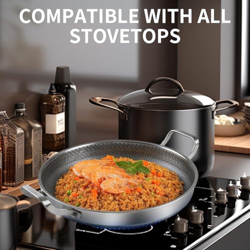 ALMEKAQUZ Stainless Steel Paella Pan, 34CM Paella Pan with Lid, Tri-Ply Nonstick Large Honeycomb Skillet, Stainless Steel Cookware, Induction Pan, Skillets for Outdoors, Camping, Parties