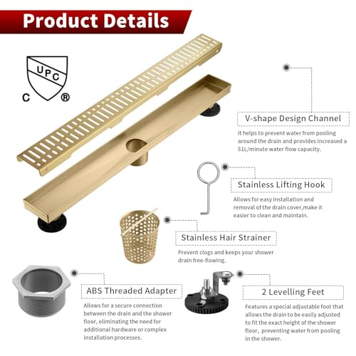 Image of Sharp-tec 24 inch Linear Shower Drain, Gold Rectangular Floor Drain, V-Shape Design Drain Channel, 304 Stainless Steel, cUPC Certificated for Bathroom Shower Room (Drain Base is Not Included)