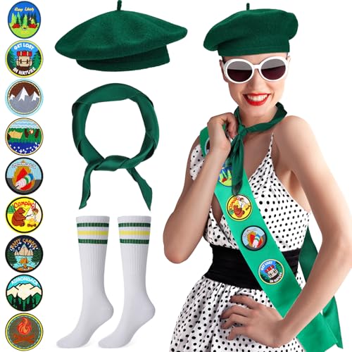 Croknit 14 Pcs Woman Halloween Scout Costume Cosplay French Beret Hat Scout Sash Patch Square Neck Scarf Socks for Role Play (Green)