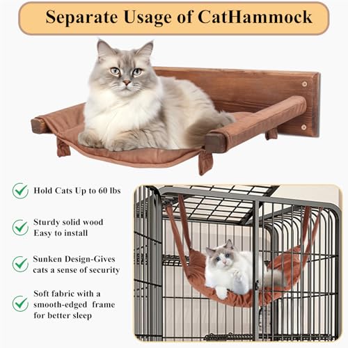 image for JSPYFITS Wooden Cat Wall Hammock, 18.9 x 12.6 Inch Double Layer Cat Fu