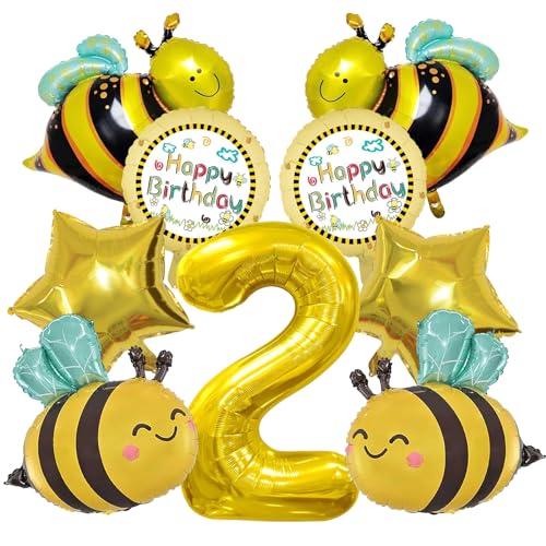 SPERMUOY Bienen deko geburtstag 2 Jahre, 10 Stück Biene geburtstag Party bienen ballons 2 Jahre Biene Folienballons 2 jahre mädchen, Gold Schwarz Nummer 2 Ballon, Kinder Folienballon Geburtstagspart.
