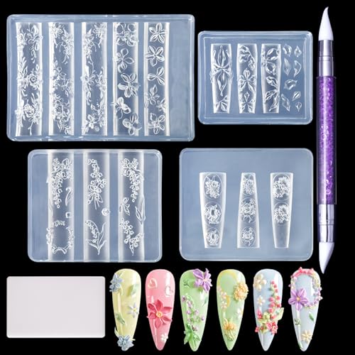 Laza 4pcs Silicone Nail Art Molds Acrylic 3D Spring Summer Flower Nail Charms Molds Clear Modeling Templates Silicone Flowers Pattern Nail Tools with Sculpture Pen for Salon Nail Design