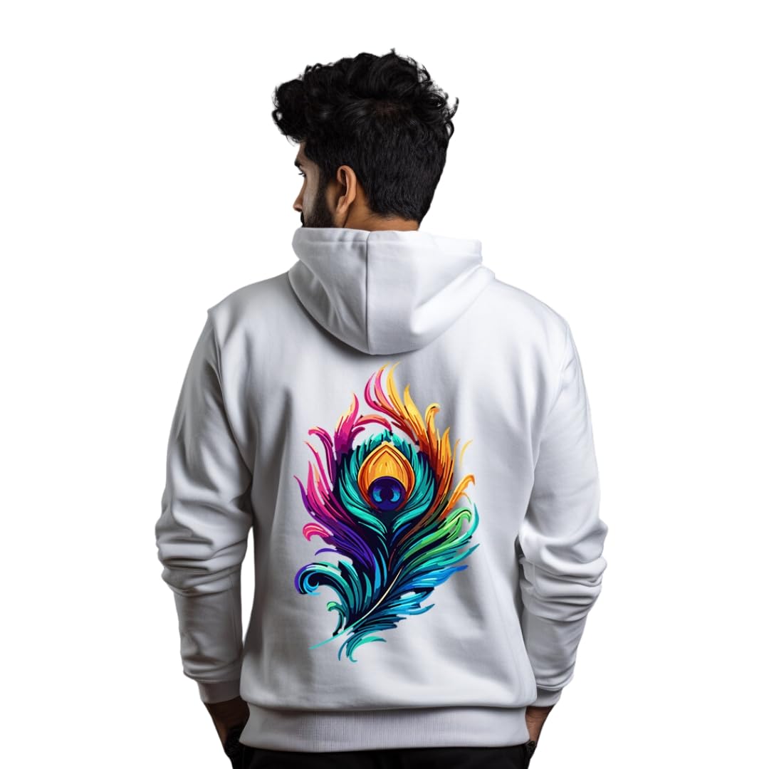 prabhu bhakti Prabhubhakti Solid White Peacock Feather Back Printed Pullover Full Sleeve White Hoodies Full for Men-picture-22