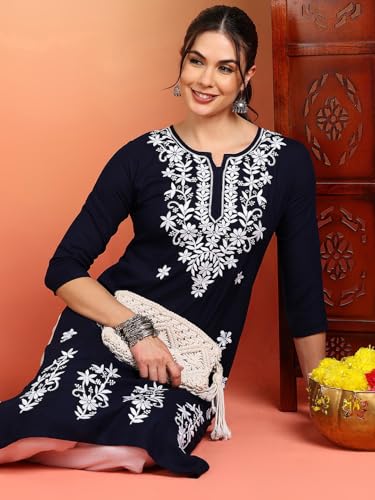 Image of Women Pink Ethnic motifs Embroidered Lucknowi Chikankari Long Kurti