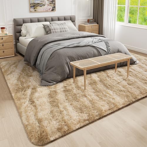 HOMORE 4x6 Area Rug for Bedroom, Tie-dye Beige Fluffy Furry Shaggy Rugs for Living Room, Super Soft and Comfy Carpet for Kids Room, Cute Carpets for Nursery Boys Girls Home Decor