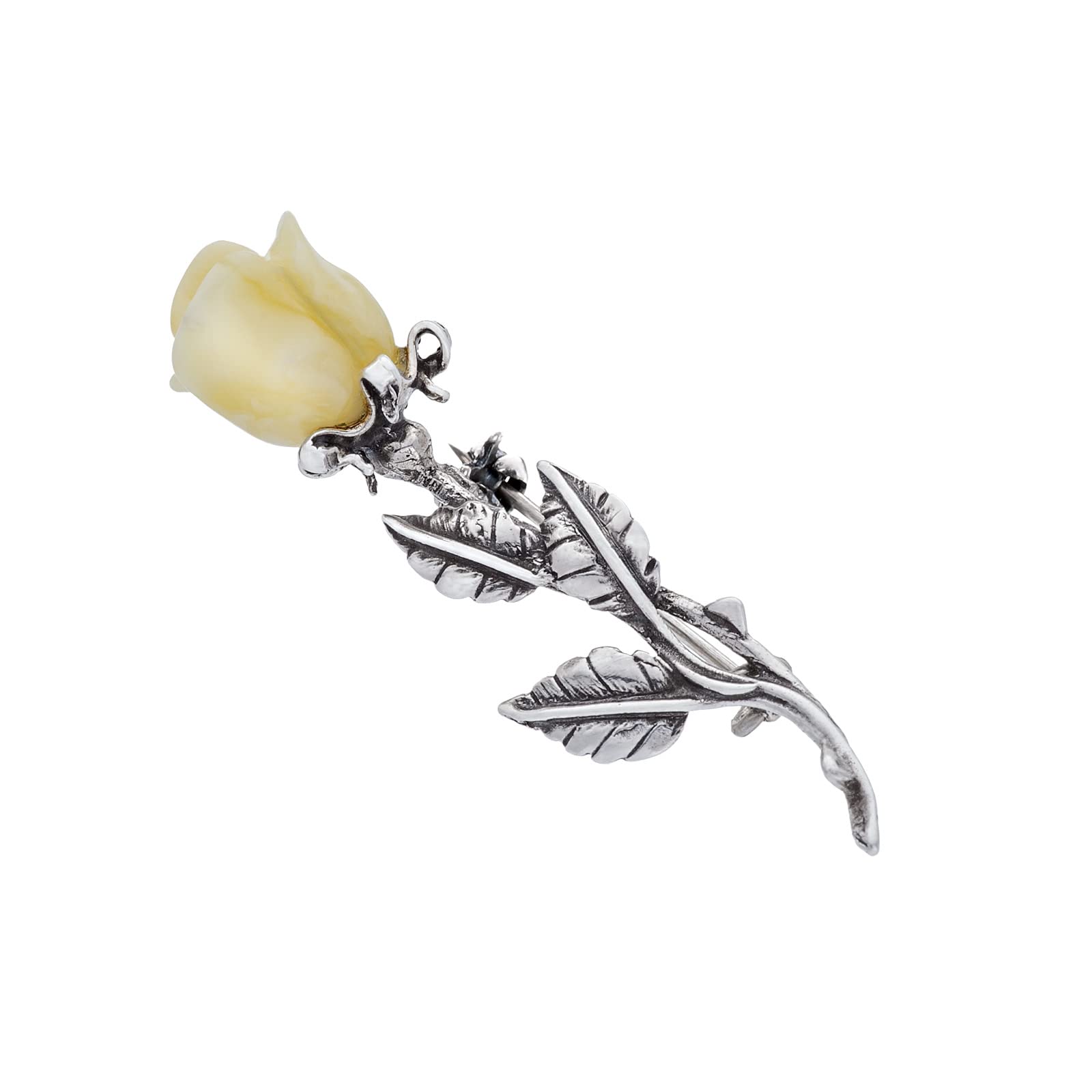 Damen Brosche, 925 Silber oxidiert, Bernstein Röslein handgeschnitzt, Silber Brosche mit Bernstein Rose in Milchfarbe 5g