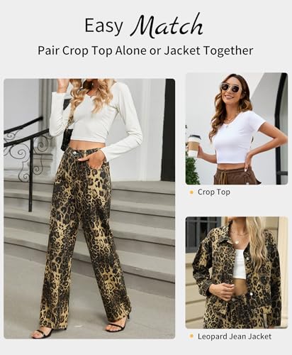 Womens Y2K Baggy Leopard Print Jeans–Elastic High Waisted Wide Leg Stretch Denim Pants, Straight Leg Jeans4