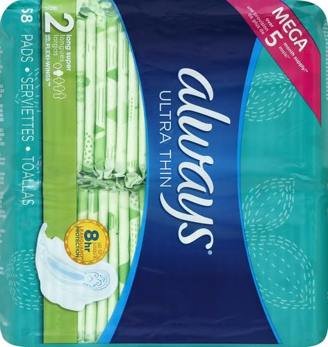 Image of Always Ultra Thin Feminine Pads with Wings for Women, Size 2, Long Super Absorbency, Unscented, Up to 100% Leak-Free Protection, 58 Count (Pack of 3)