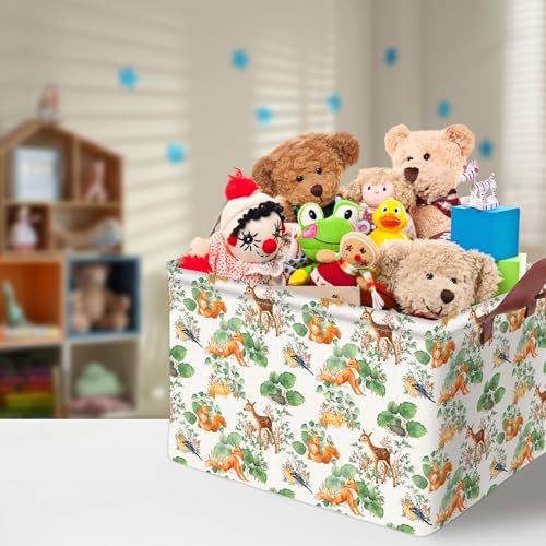 Image of Woodland Animal Storage Basket Home Forest Decor Waterproof Canvas Toy Storage Bin Collapsible Outdoor Basket with Leather Handles Woodland Decor Blanket Baskets For Closets,Bedrooms,Gifts Baskets