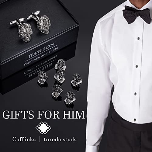Cufflinks for Men with Tuxedo Studs in Gift Box, Gold or Silver Tone Skull Cuff links for Black Bow tie Navy Blue Suit White Shirts ; Mens Jewelry or Accessories on Halloween Birthday Party Christmas3