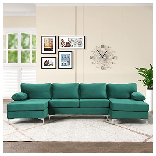 Casa Andrea Milano Modern Large Velvet Fabric U-Shape Sectional Sofa, Double Extra Wide Chaise Lounge Couch, Shamrock