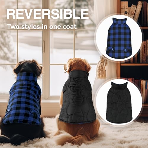 VIVAGLORY Softjoy Hundemantel, Wintermantel mit Bauchschutz, Hundejacke für Winter & Weihnachten, Warm Softshell Kariert Schnittmuster Verstellbar, L, Schwarz Blau