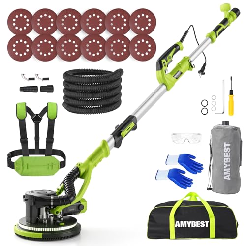 AMYBEST Drywall Sander, Powerful Electric Drywall Sander with Vacuum Dust Collection, 5 Speed 1000-2100 RPM, Popcorn Ceiling Remover, LED Light & 12 Sanding Discs, Extendable Handle (GREEN)