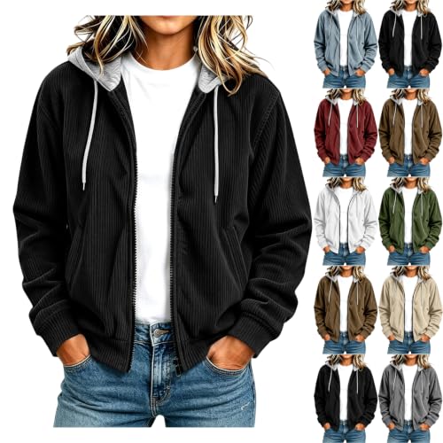 Women Full Zip Hooded Corduroy Jacket Long Sleeve Casual Hoodie Cardigan - image 1