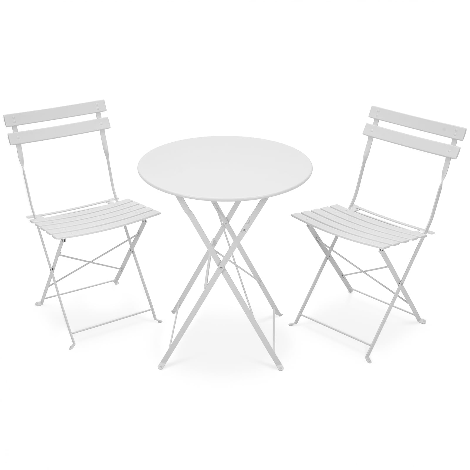 Warmiehomy Metal Folding Garden Furniture Set, 3 Piece Outdoor Table and Chairs with Anti-Slip Feet, Elegant Bistro Sets for 2 for Garden, Balcony, Patio & Small Spaces, No Assembly, Pearl White