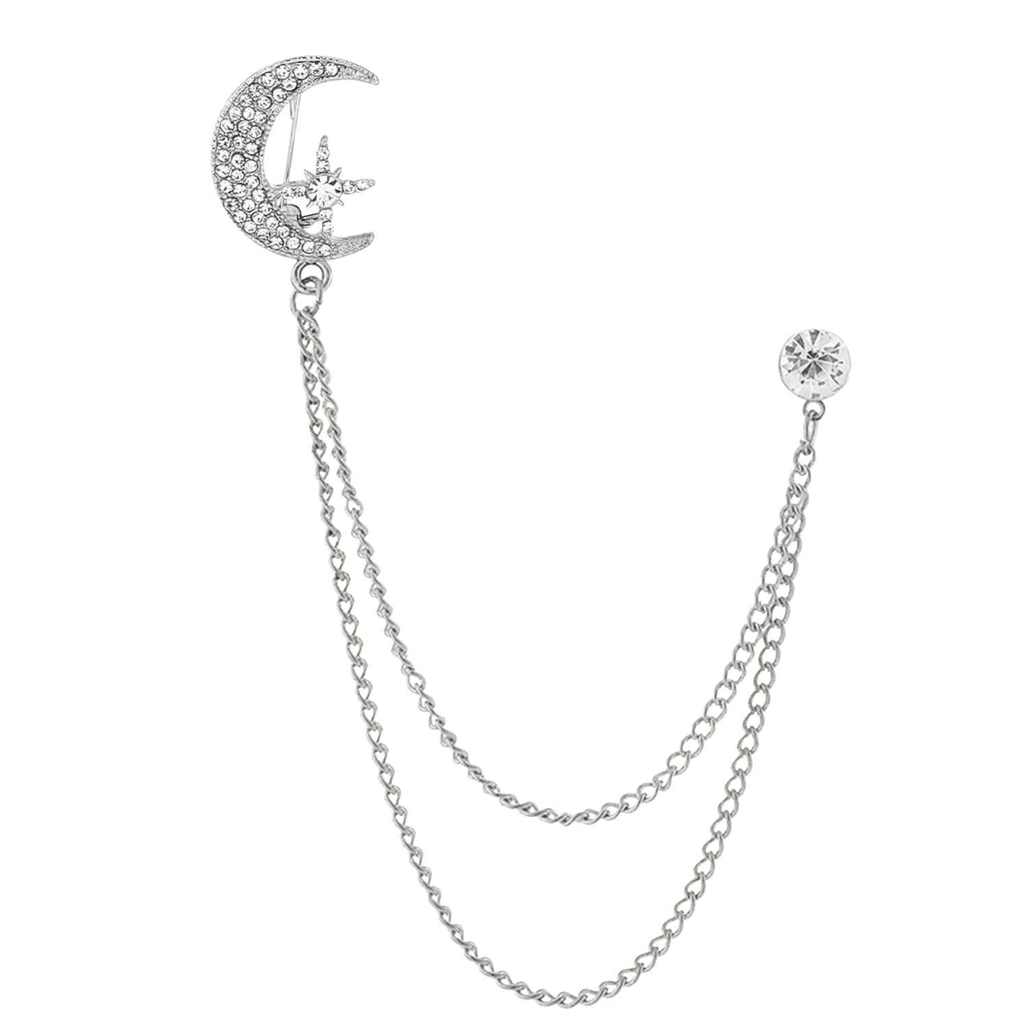 peora Moon Star Cubic Zirconia Studded Double Chain Pin Brooch Fashion Jewellery for Men-picture-17