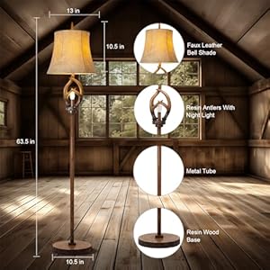 Rustic Farmhouse Antlers Floor Lamp with Night Light Faux Leather Bell Shade Brown Finish Tall Industrial Tall Standing Lamp Decor for Living Room Bedroom Hotel Office (Bulb Included) Rustic Farmhouse Antlers Floor Lamp with Night Light Faux Leather Bell Shade Brown Finish Tall Industrial Tall Standing Lamp Decor for Living Room Bedroom Hotel Office Bulb Included