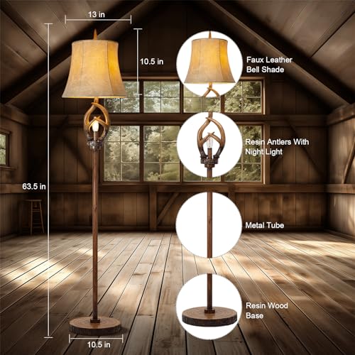 Rustic-Farmhouse-Antlers-Floor-Lamp-with-Night-Light-Faux-Leather-Bell-Shade-Brown-Finish-Tall-Industrial-Tall-Standing-Lamp-Decor-for-Living-Room-Bedroom-Hotel-Office-Bulb-Included Rustic Farmhouse Antlers Floor Lamp with Night Light Faux Leather Bell Shade Brown Finish Tall Industrial Tall Standing Lamp Decor for Living Room Bedroom Hotel Office Bulb Included