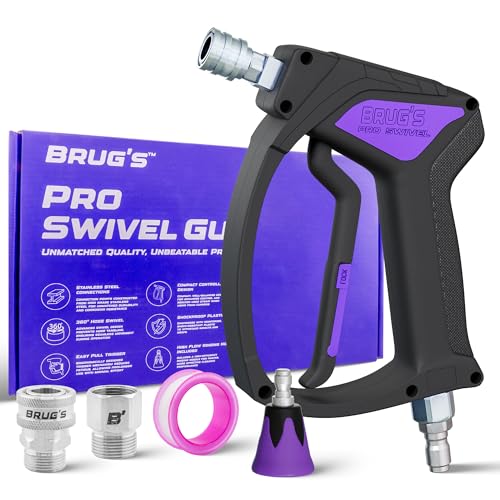Image of Brug's Pro Swivel Gun V2.0 | Short Pressure Washer Wand | Swivel Pressure Gun | Stainless Steel| Rinsing Nozzle Included | Self-Locking Quick Connect| Light Weight Trigger | Short Pressure Washer Gun