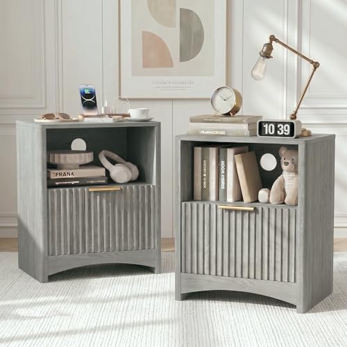 Image of Marsail Fluted Nightstand Set of 2, Wooden Nightstands with Drawers, Modern Bedside Table with Charging Station and Storage, End Table with Storage Side Table for Bedroom, Grey