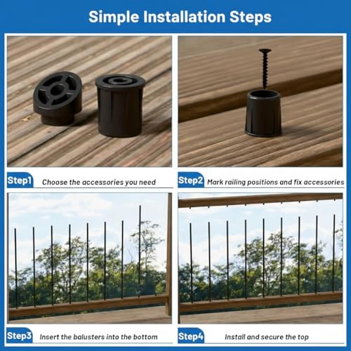 105 Pack 26 inch Aluminum Balusters for Deck Railing,Black Round Metal Spindles for Staircase,3/4\" Diameter Hollow Deck Ballasters with Screws and Connectors for Railing Fencing Porch Stair Spindles