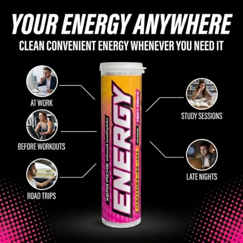Image of Xero Picks Energy Caffeine Flavored Toothpicks B12 for Focus & B6, 60 Picks (Pack of 3) (Fruit Punch) Sugar-Free Alternative to Energy Mints & Gum - Kosher