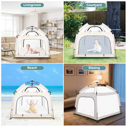 Image of Bend River Baby Playpen with Canopy, Square Toddler Beach Tent (Beige)