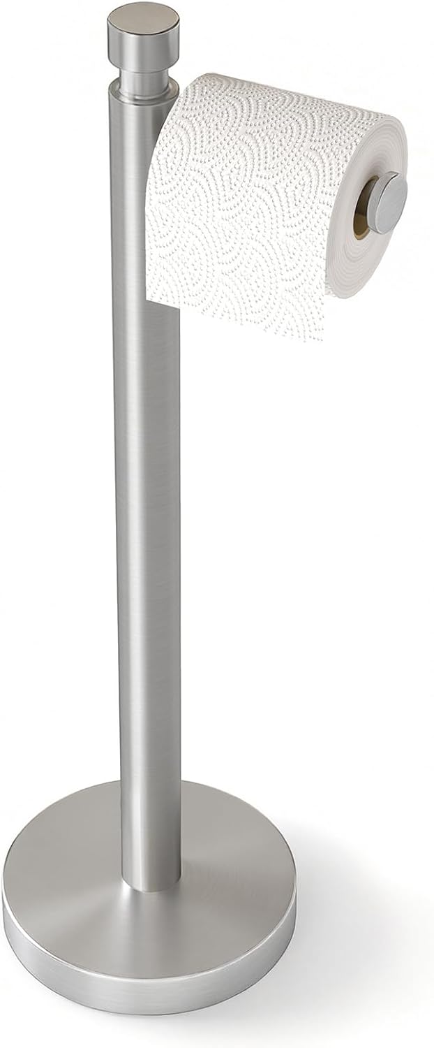 YUMORE Toilet Paper Holder Stand, 4.4lbs Heavy Duty Stainless Steel Free Standing Bathroom Tissue Roll Holder, Brushed Nickel