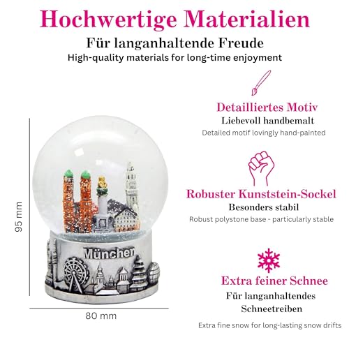 Souvenir Schneekugel München Skyline Silber Sockel | B: 80mm H:95mm | Frauenkirche, Rathaus, Marienkirche | 30050