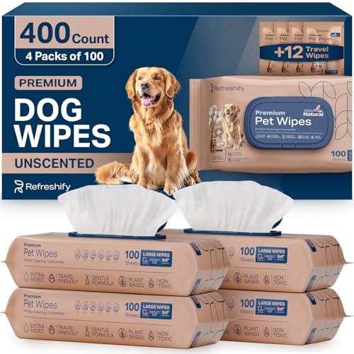 REFRESHIFY Dog Wipes for Paws and Butt - Plant Based Unscented (Pack of 400) - Pet Wipes for Dogs and Cats - Deodorizing Non Toxic Dog Wipes, +12 Additional Travel Wipes