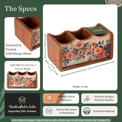 Image of Brick Brown Premium Wooden Pastel Flora Cutlery Holder Spoon stand for kitchen | cutlery holder for dining table | wooden caddy storage organiser stand with 3 section Caddy holder (8.2x4.2x4 inch)