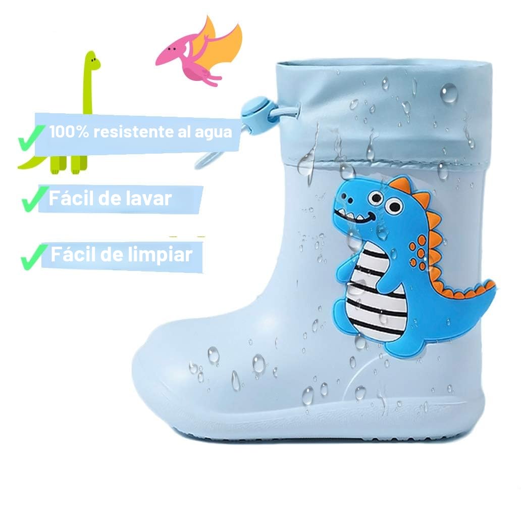 Botas de Agua para Niños y Niñas con Cordón Ajustable en el Cuello, Botas de Lluvia Caucho Goma de Dinosaurio Impermeable y Antideslizante