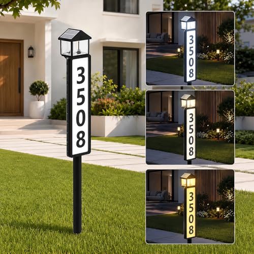 GJB Solar Address Sign for Outside Lantern-Style Solar Powered House Number Sign with Stake 3 Lighting Modes LED Illuminated Address Plaque Waterproof for Yard Lawn Garden