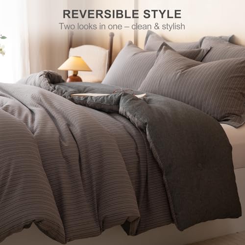 Image of 100% Cotton Comforter Set Queen Size - Reversible Yarn-Dyed Stripe Design, Soft Washed Cotton on Both Sides, Lightweight All-Season Bedding, Machine Washable(Dark Grey Stripe, 90 inchx90 inch)