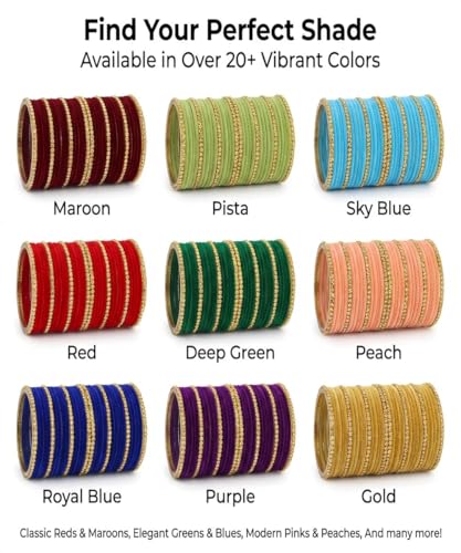 Image of NMII Premium Glass & Golden Beads Velvet Bangle Set For Women and Girls | Velvet Chudi | Traditional Chudi Set | Designer Girl's Bangles Bracelet | Wedding, Party, Festive, Daily- Set of 34